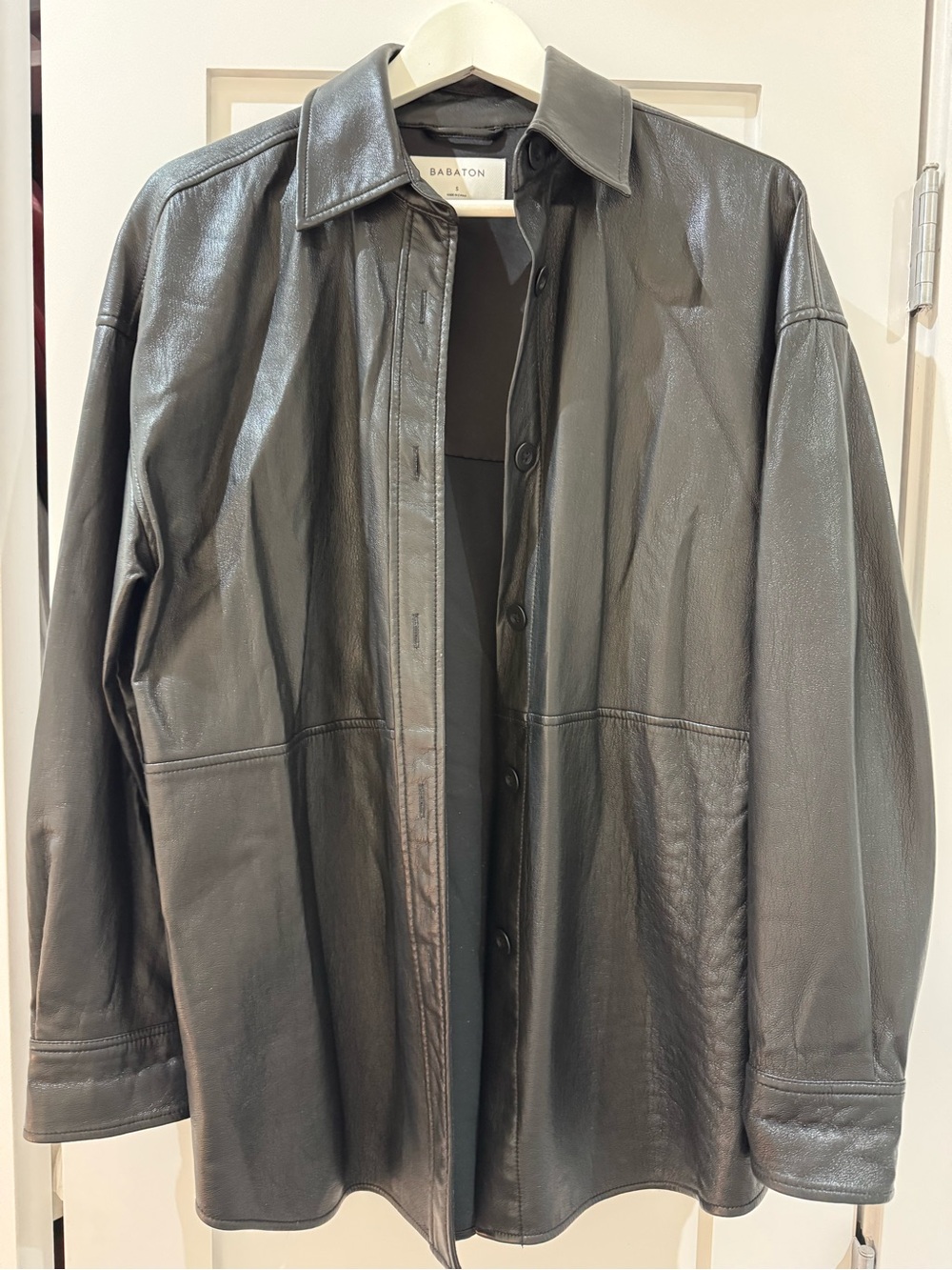 Babaton Black Leather Button-Down Shirt Jacket